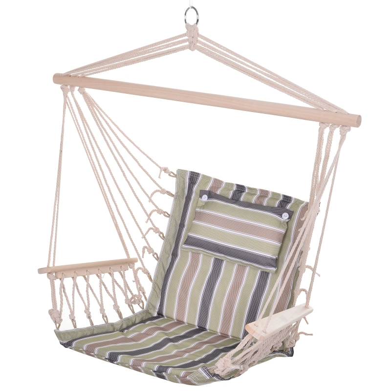 Outsunny Silla Colgante de Rayas Hamaca con Cojín Reposacabezas para Interior Exterior 100x106 cm Carga Máx. 105 kg