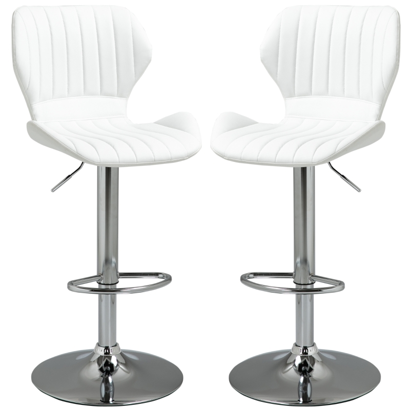HOMCOM Juego de 2 Taburetes de Bar Taburetes Altos de Cocina Giratorio Altura Ajustable de 91,5-113,5 cm con Reposapiés y Base de Metal Ø41 cm Blanco