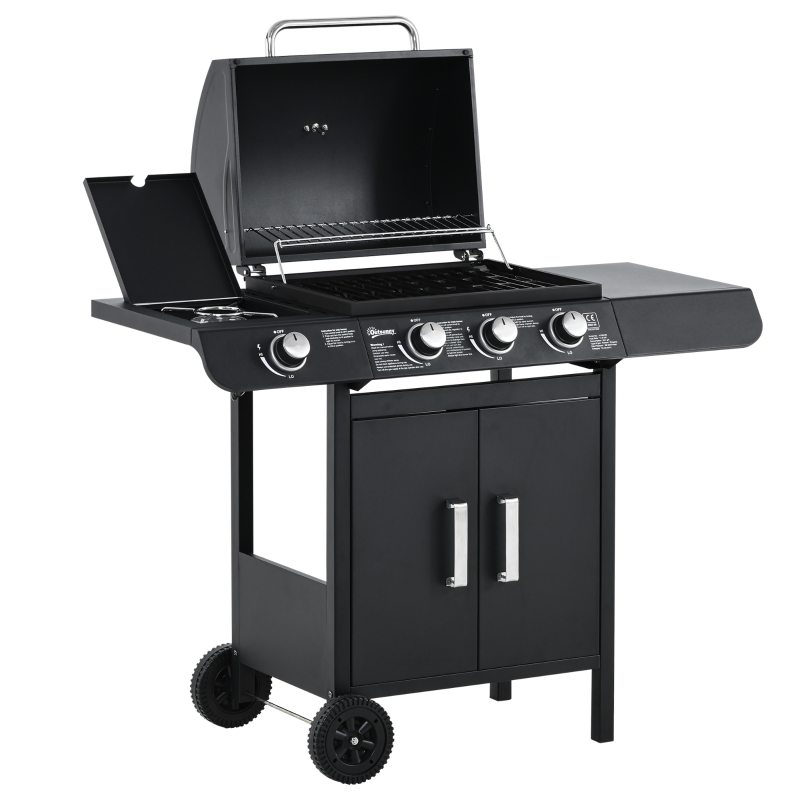 Outsunny Barbacoa de Gas BBQ con Ruedas Parrilla Gas con 3+1 Quemadores 2 Mesas Laterales y Termómetro Acero 110x50x100 cm Negro