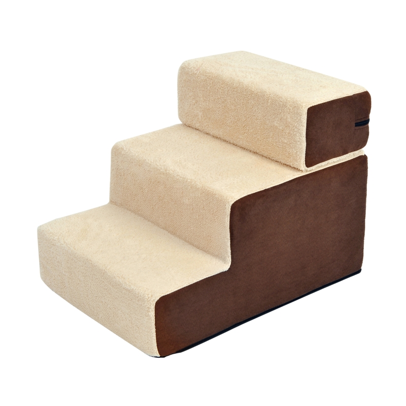 PawHut Escalera para Mascotas Perros Gatos de 3 Peldaños Desmontable y Funda Extraíble Portátil Carga 15 kg 54x40x39 cm Marrón y Beige