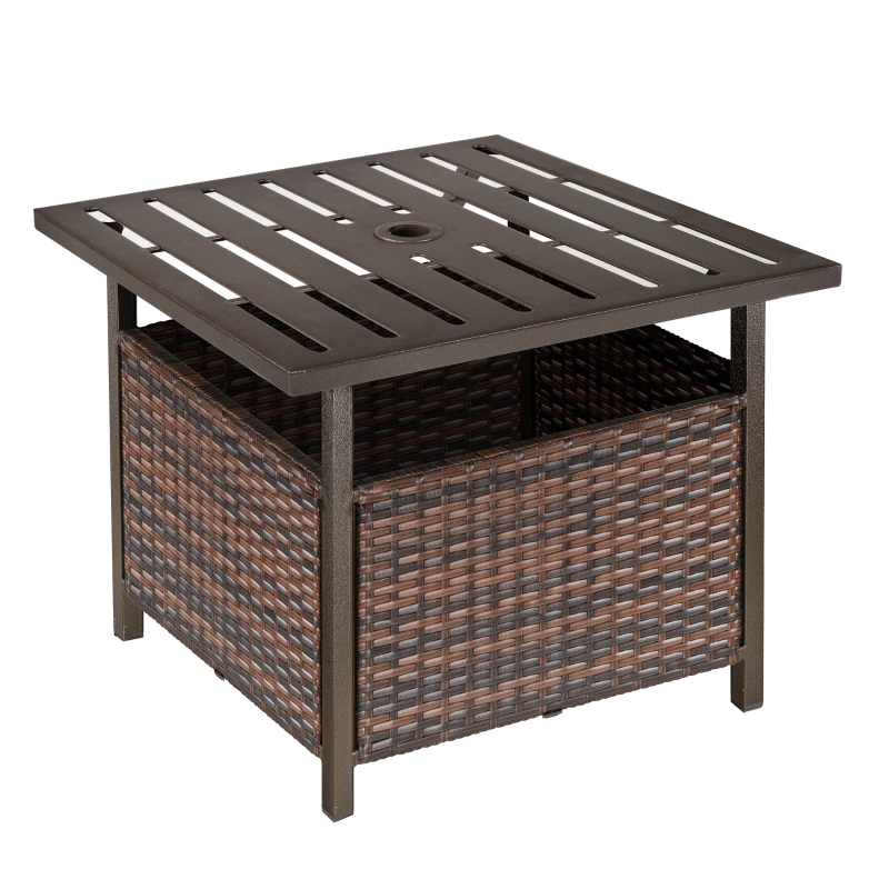 Outsunny Mesa de Comedor Exterior de Ratán Mesa Auxiliar con Base de Pie para Sombrilla de Acero con Mesa Cuadrada para Jardín Terraza Patio 55,5x55,5x46 cm Marrón