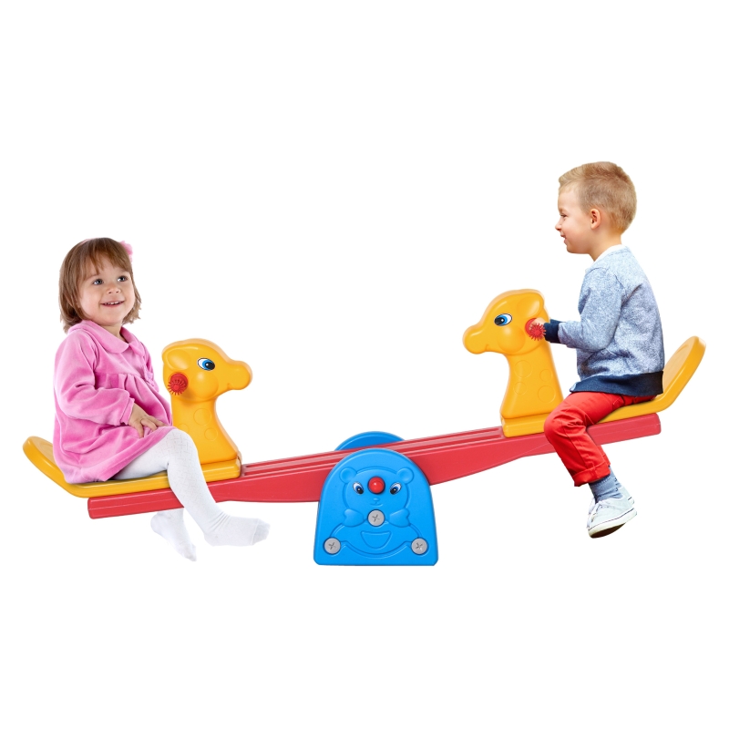 HOMCOM Sube y Baja Infantil Columpio Balancín para Niños con Respaldo Manillar Texturizado en Forma de Jirafa Carga 20kg por Asiento para Interior y Exterior 150x32x60 cm Multicolor