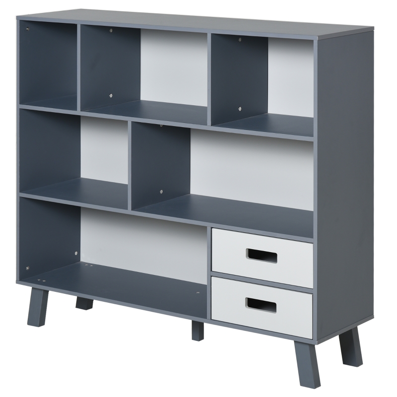 HOMCOM Estantería Librería con 6 Compartimentos y 2 Cajones Mueble Auxiliar con Patas para Libros Decoraciones Fotos 105x30x96 cm Azul y Gris