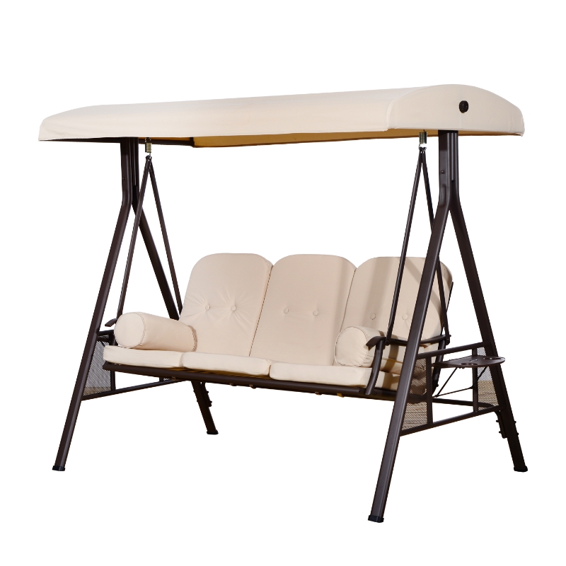 Outsunny Columpio Balancín Jardín 3 Plazas con Techo Bandeja para Bebida Hamaca para Terraza Patio Balcón Acero - Beige - 120.5x207x174cm
