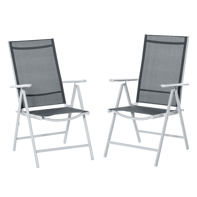 Outsunny Set de 2 Sillas de Comedor de Jardín Plegables de Aluminio con Respaldo Alto Ajustable de 8 Niveles y Reposabrazos Transpirable 65x55x107 cm Gris