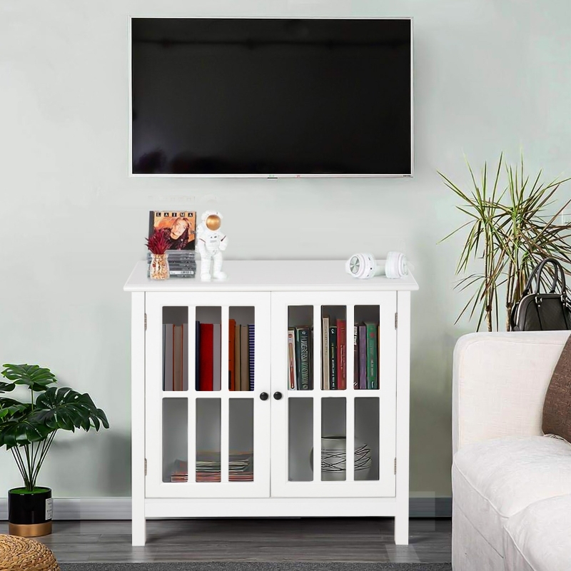 HOMCOM Aparador de Cocina Armario de Almacenaje con 2 Puertas de Vidrio Dispositivo Antivuelco Comedor Entrada Buffet 80x36,5x76 cm Blanco
