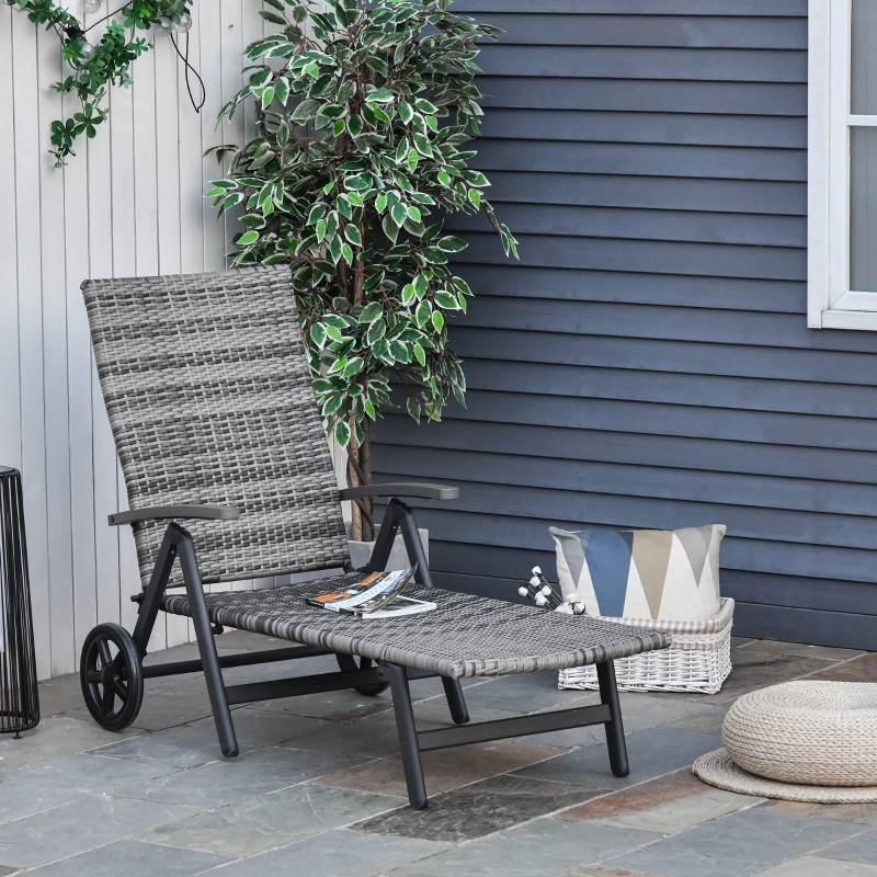 Outsunny Tumbona de Jardín de Ratán 192x74x55 cm con Respaldo Reclinable en 7 Posiciones Reposabrazos y Ruedas Marco de Aluminio para Patio Terraza Balcón COLOR