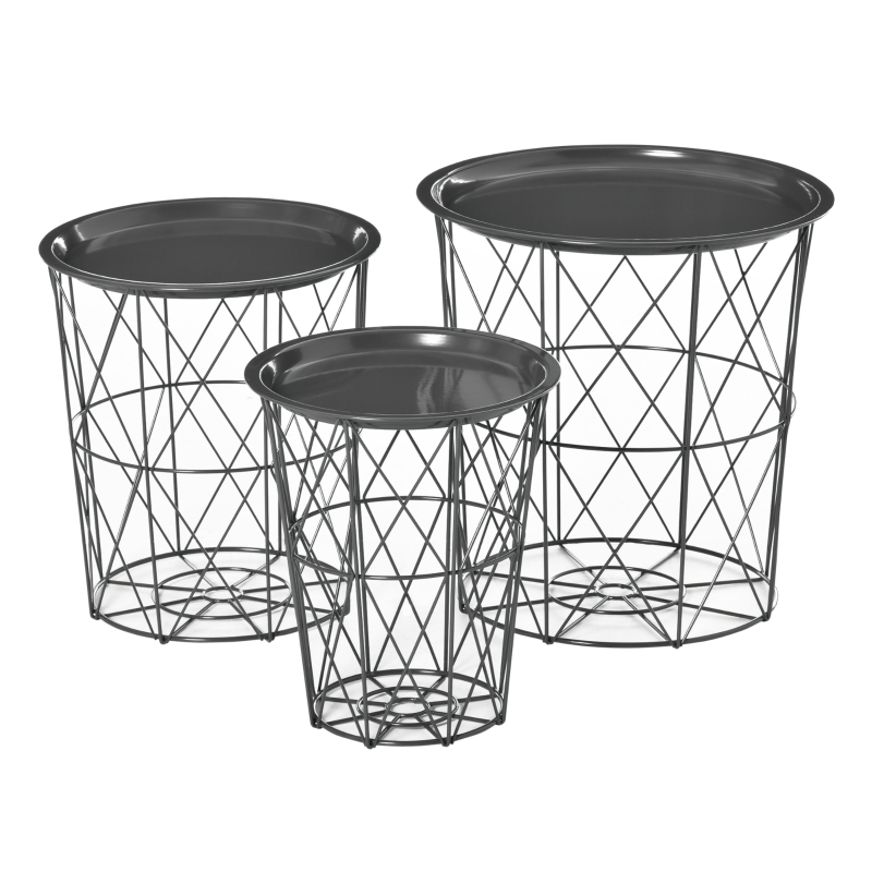 HOMCOM Juego de 3 Mesas Auxiliares Apilables Cestas de Metal con Bandeja Extraíble y Espacio de Almacenamiento Estilo Moderno para Salón Sofá Diámetro Ø43 Ø35 y Ø30 Gris
