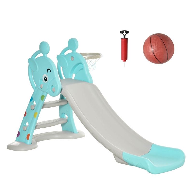 HOMCOM Tobogán Infantil Plegable con Canasta de Baloncesto para Niños +18 Meses Modelo Jirafa para Interiores y Exteriores 140x87x75 cm Azul y Gris