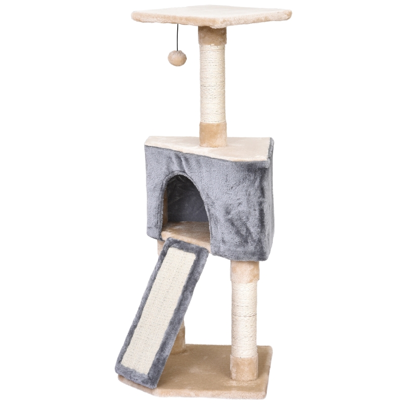 PawHut Rascador Gato con Cueva Juguete Colgante Rampa Rascador y Posters Rascadores Cuerda de Sisal 40x40x98 cm Gris y Beige