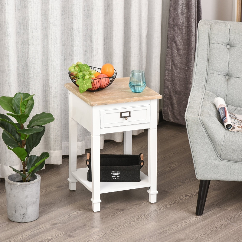 HOMCOM Mesita de Noche Mesa Auxiliar Multifuncional Diseño Retro Envejecido con Cajón y Estante Revestimiento Pintura 39,8x39,8x60,5cm