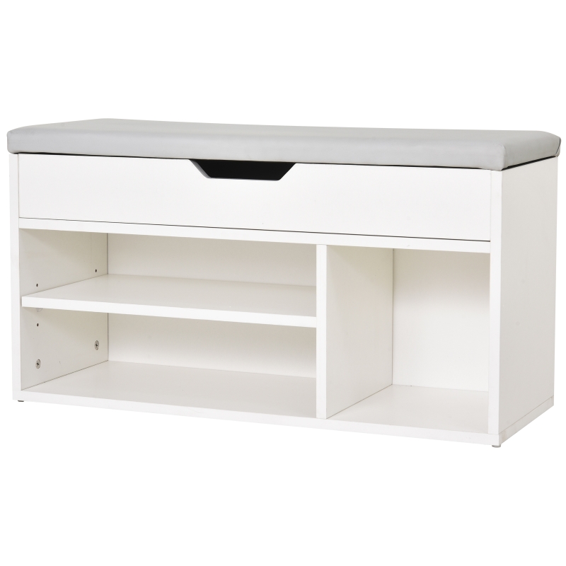 HOMCOM Armario Zapatero para Almacenamiento Banco de Zapatero Organizador con Asiento Estantes Cajón y Cojín Dos Niveles para Entrada y Recibidores Moderno Carga Max 120kg 80x30x43cm Blanco