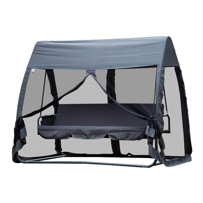 Outsunny Columpio Balancín de 3 Plazas Convertible en Cama con Mosquitera y Bolsa de Almacenamiento para Jardín Terraza y Patio Material Acero Carga máx. 300kg - Color Gris - 240x140x197cm