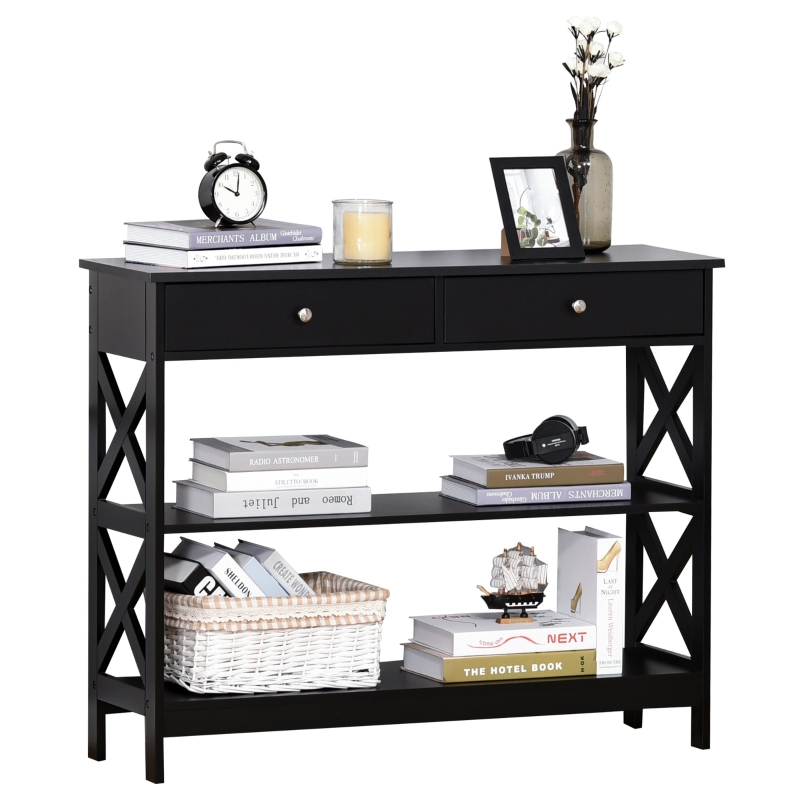 HOMCOM Mesa Consola de Entrada Recibidor con 2 Cajones y 2 Estantes Inferiores Mueble Moderno Base Elevada Antivuelco 100x30,5x80 cm Negro