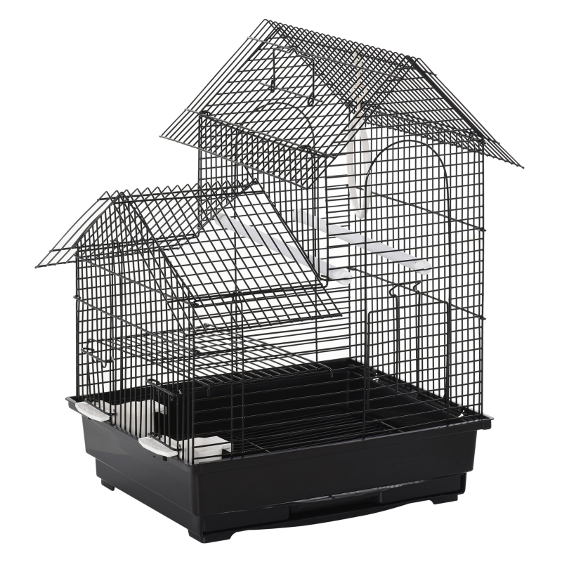 PawHut Jaula para Pájaros de Metal con Comederos Perchas Columpio y Bandeja Extraíble para Canarios Periquitos 39x34x47 cm Negro