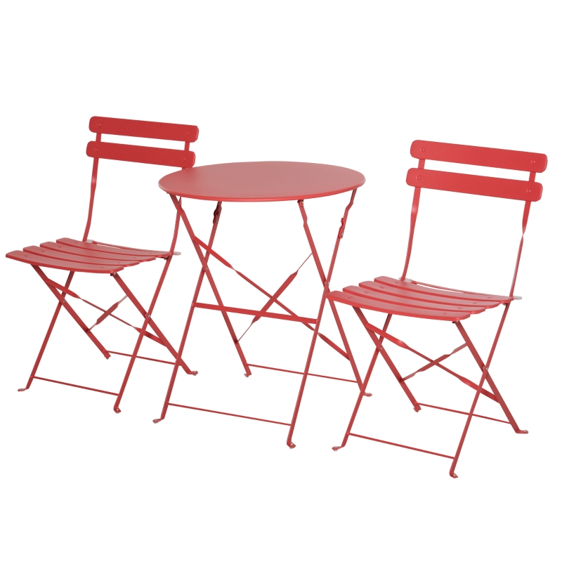 Outsunny Conjunto Muebles Plegables de Jardín de 3 piezas Mesa y 2 Sillas de Metal para Balcón Terraza Exteriores Ø60x71 cm Rojo