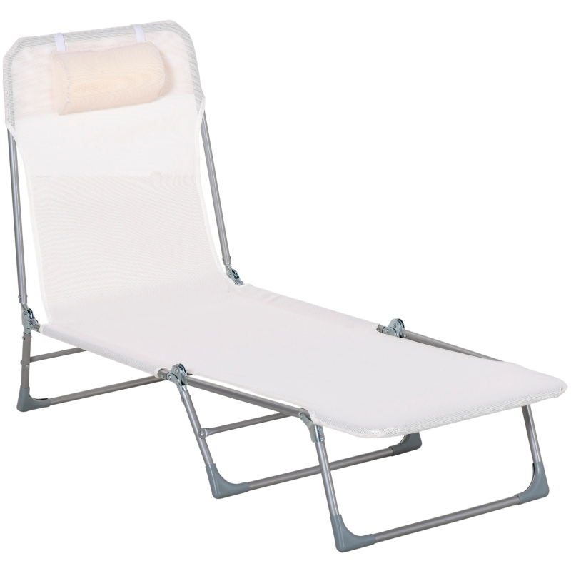 Outsunny Tumbona Plegable y Reclinable de Jardín con Reposacabezas y Respaldo Ajustable en 5 Niveles Tela de Textilene Transpirable 182x56x24,5 cm Crema
