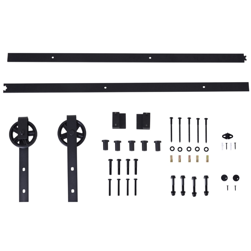 HOMCOM Kit de Accesorios para Puerta Corredera de Granero Riel 200x4x0,6cm para Puerta Corrediza de Metal con Rodillos 12,5x5x34,5cm Acero de Carbono