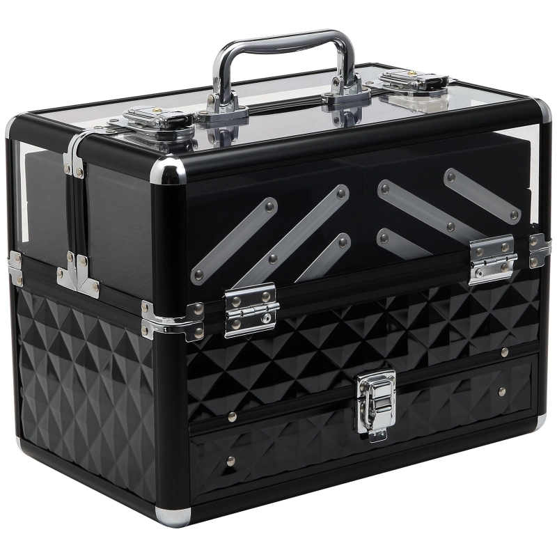 HOMCOM Maleta Maquillaje o Bisutería Organizador Cosméticos Portátil Con Asa y Bandejas 30x18.5x22 cm Transparente y negro