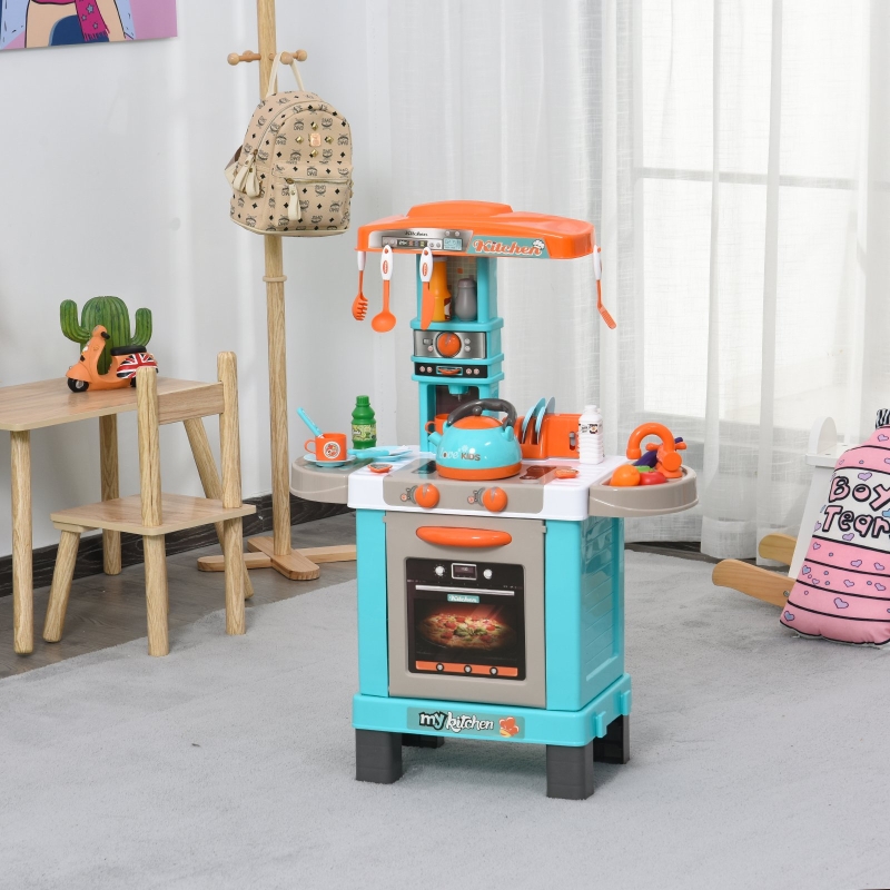 HOMCOM Set de Juguetes de Cocina para Niños Mayores de 3 Años Juegos de Rol Luces y Sonidos Educativo con 33 Accesorios 64x29x87cm Azul
