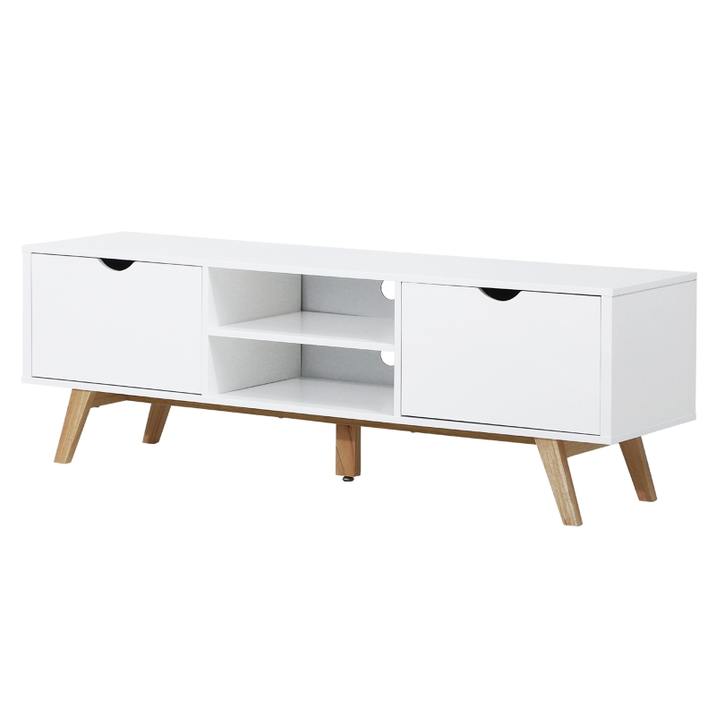 HOMCOM Armario para TV Soporte de Televisor Espacioso con 2 Armarios Estantes Abiertos Manija Oculta Patas de Madera 150x39x50 cm Blanco