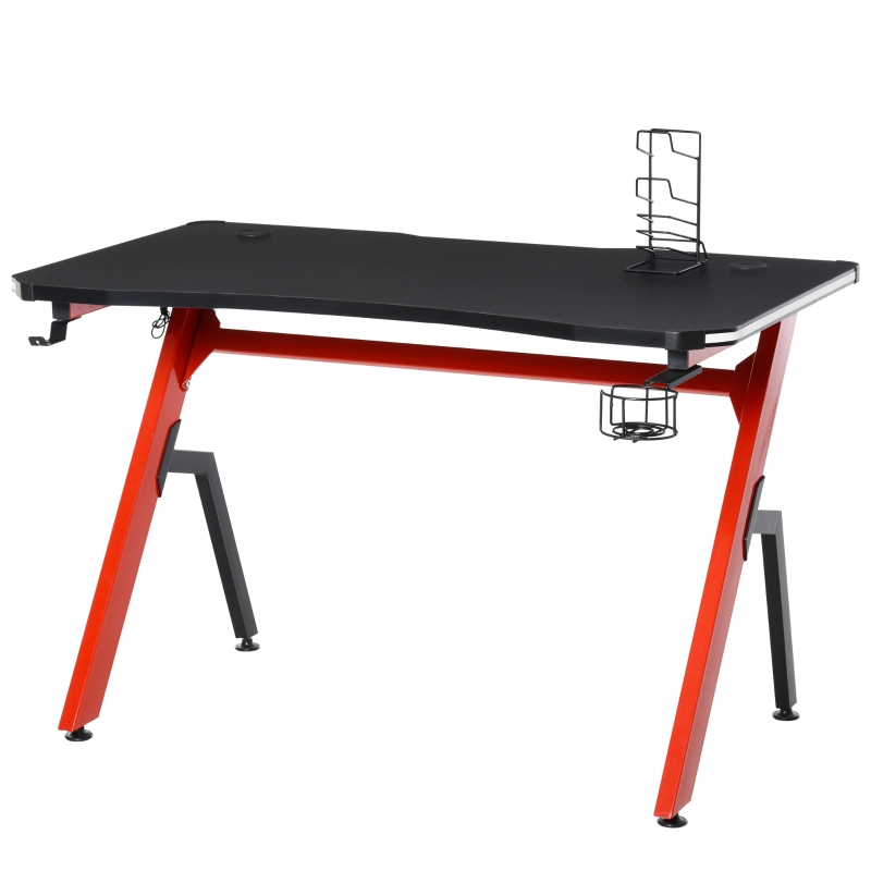HOMCOM Mesa Gaming con LED RGB Escritorio de Ordenador con Portavasos Gancho para Auriculares Soporte para Mandos Gamepad y Luz con Control Remoto 120x66x76 cm Negro y Rojo