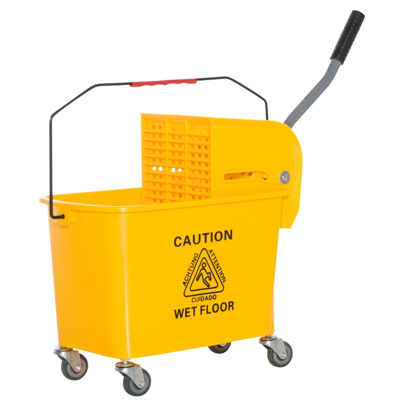 HOMCOM Cubo Fregado Profesional 20L con Ruedas y Prensa Cubo de Fregar Industrial Cubo para Mopa Amarillo 63x27x67cm