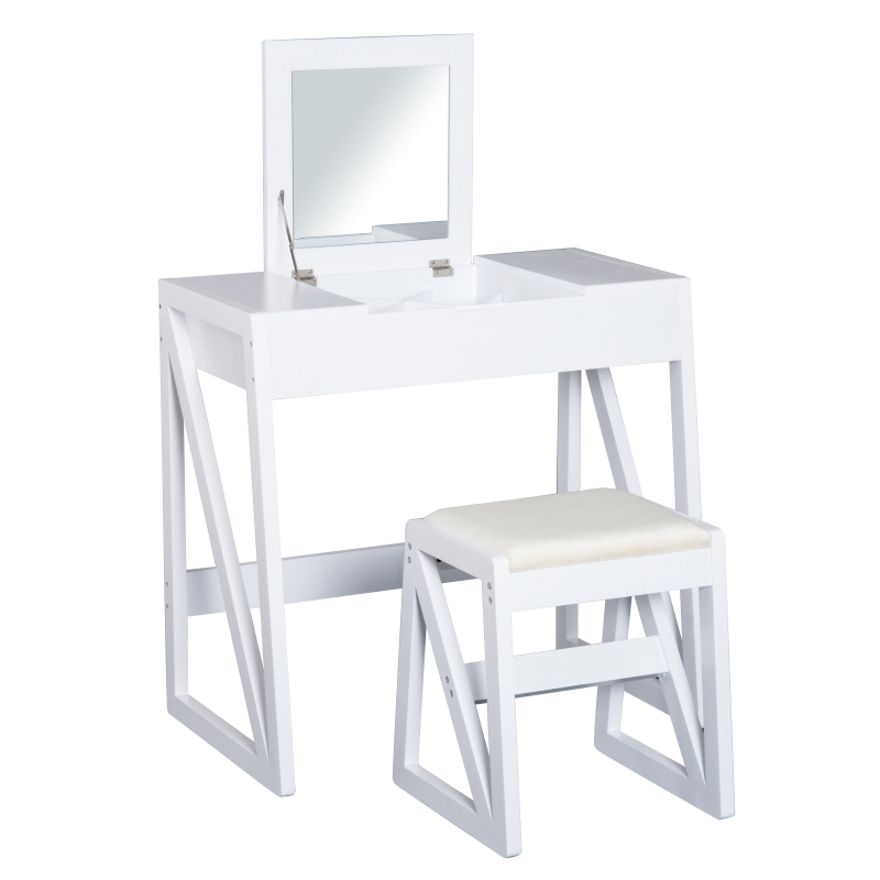 HOMCOM Tocador Mesa para Maquillaje con Taburete Espejo Tapa Abatible 9 Compartimientos de Almacenaje Tocador Moderno 80x50x76cm Blanco Madera