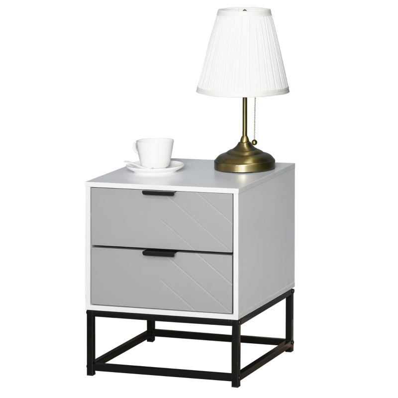 HOMCOM Mesita de Noche Mesa Auxiliar con 2 Cajones y Base Elevada de Metal para Dormitorio Cama Salón Estilo Moderno y Minimalista 39,5x40x48 cm Blanco y Gris