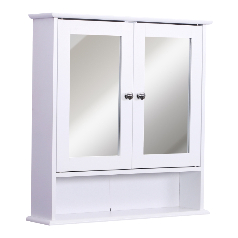 kleankin Armario de Baño con Espejo de Pared con 2 Puertas Armario de 3 Niveles para Almacenamiento Blanco 56x13x58cm