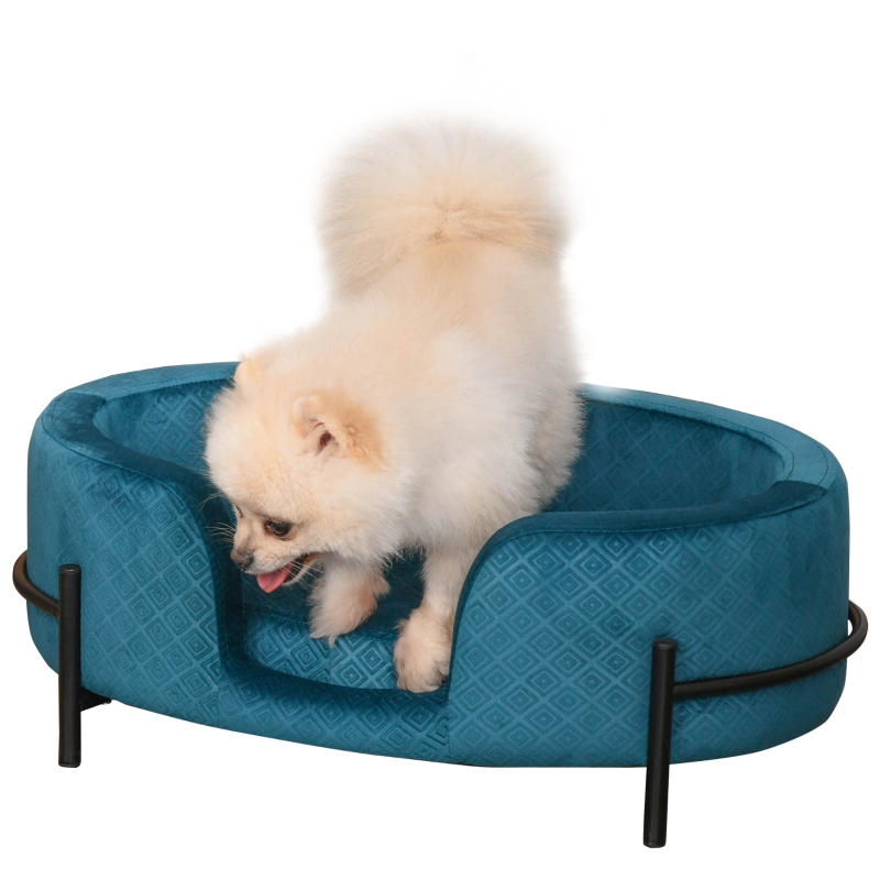 PawHut Sofá Cama para Mascotas Perros Pequeños Gatos con Cojín Acolchado Desmontable Base de Metal Bordes Elevados 64x40x24 cm Turquesa