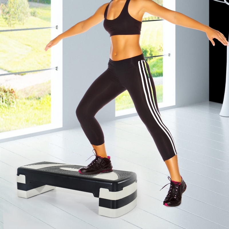 HOMCOM Tabla de Step Ajustable y Antideslizante para Fitness - Color Negro y Gris - Plástico - 80x31x10/15/20cm
