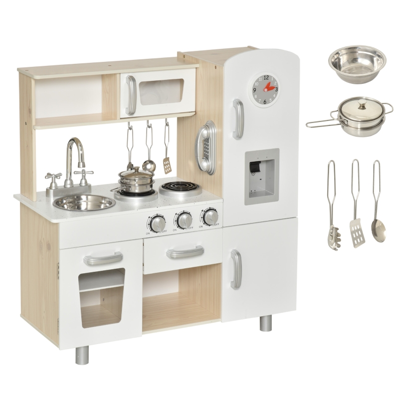 HOMCOM Cocina de Juguete con Fregadero Cocina de Inducción y Microondas Simulados con Accesorios Incluidos Cocina Infantil para +3 Años 77x30x82 cm Blanco
