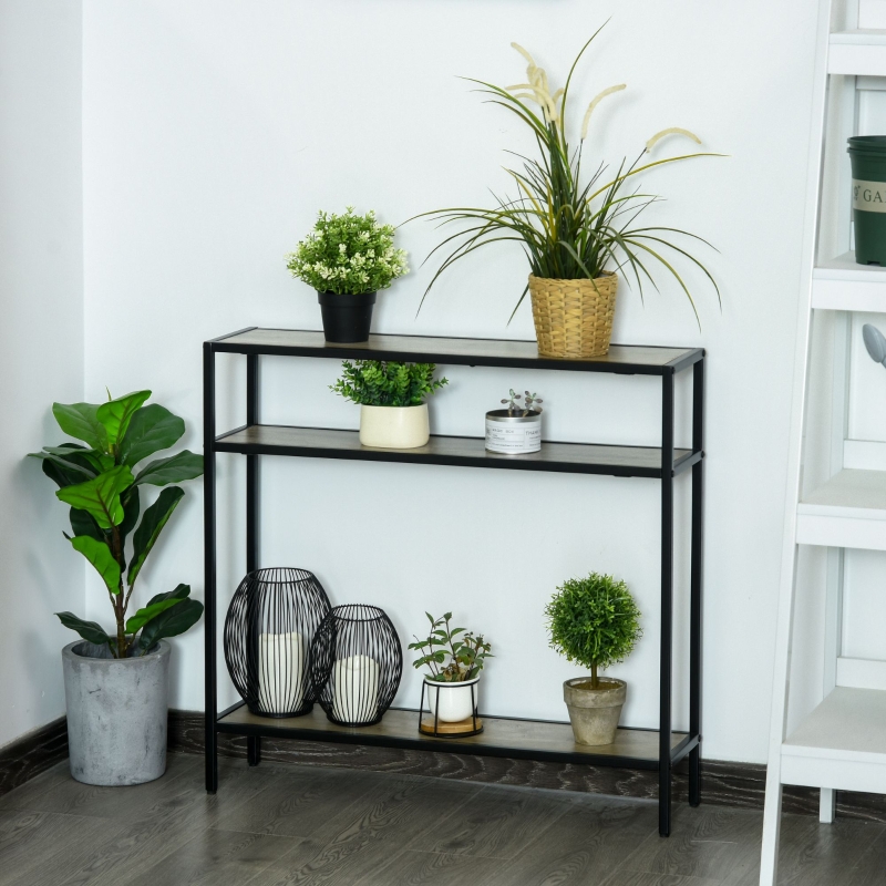 Outsunny Estantería de Flores Bastidores para Plantas de 3 Niveles con Placa Antivuelco para Interiores y Exteriores Macetas 80x20x75 cm Grano de Madera