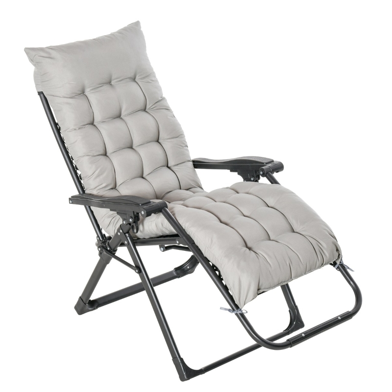 Outsunny Tumbona Plegable Silla Reclinable con Cojín Extraíble Acolchado de Textilene para Patio Playa Jardín Carga 150 kg 90x65x110 cm Gris