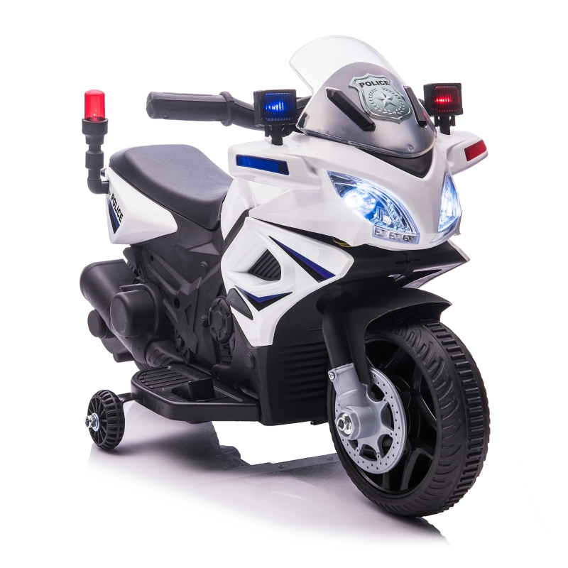 HOMCOM Moto Eléctrica Infantil de Policía Batería 6V Recargable para Niños de +18 Meses con Faros Bocina y Ruedas de Equilibrio Velocidad Máx. de 3 km/h 69x39x43 cm Multicolor