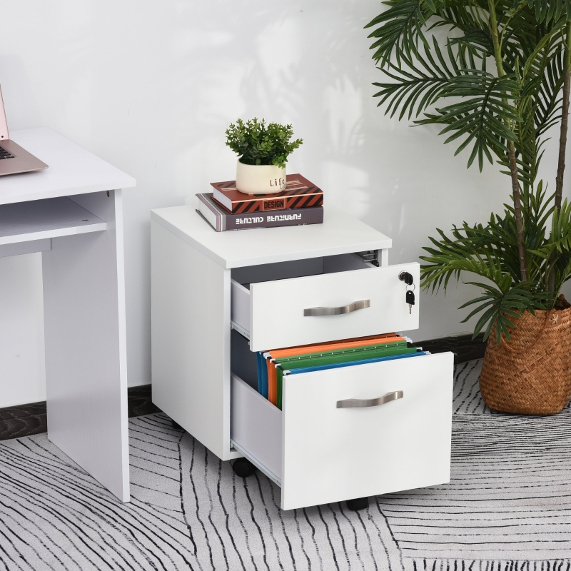 HOMCOM Gabinete de Archivos Móvil con 2 Cajones Armario para Oficina Estudio Ruedas con Frenos Llave Riel Colgante 40x45,5x52,5cm