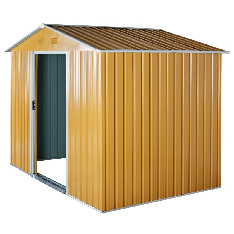Outsunny Caseta de Jardín de 4,1m² Cobertizo Exterior para Almacenar Herramientas con Puertas Correderas de Acero Galvanizado 236x174x190 cm Amarillo Mostaza