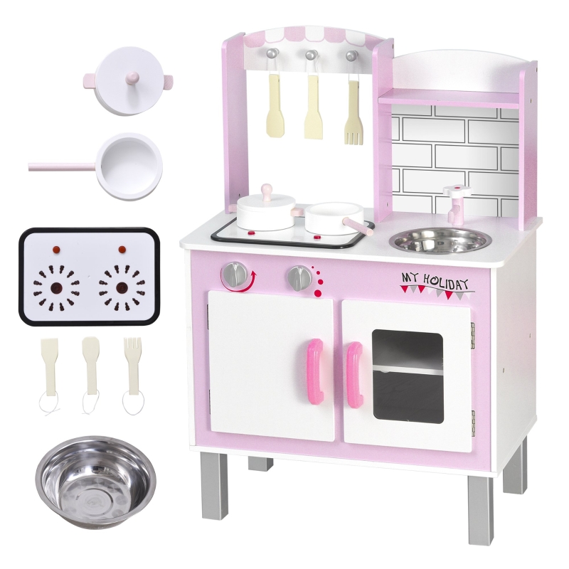 HOMCOM Cocinita de Juguete con Función de Sonido Armario Ganchos 5 Accesorios Incluidos Cocina Infantil Educativo para +3 Años Madera 55x30x80 cm Rosa