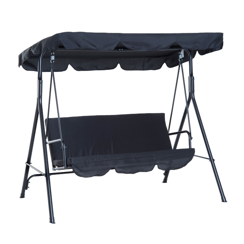 Outsunny Columpio de Jardín tipo Balancín Mecedora de Metal 3 Plazas con Toldo Regulable y Cojín - 172x110x152cm Color: Negro
