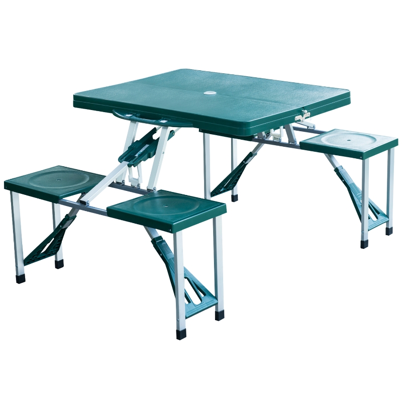 Outsunny Mesa Plegable para Camping con 4 Asientos y Orificio Sombrilla Estructura Aluminio Playa Picnic 84,5x64,5x66cm Verde