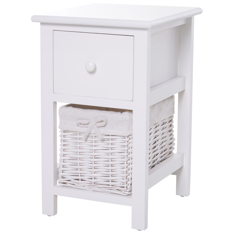 HomCom® Mesita de Noche Madera con 1 Cajón 1 Cesta 28x31x45cm Blanco