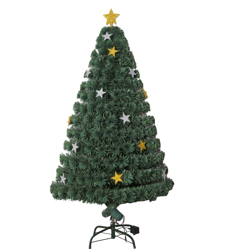 HOMCOM Árbol de Navidad Artificial Árboles de Abeto 180cm con Soporte Decoraciones Navideñas Copos de Estrella Fibra Óptica Brillante LED