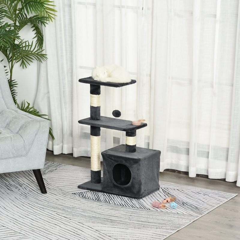 PawHut Árbol Rascador para Gatos Centro de Múltiples Actividades de Mascotas con Postes Sisal Plataformas Caja Bola Colgante Estilo Elegante 50x30x80 cm Gris