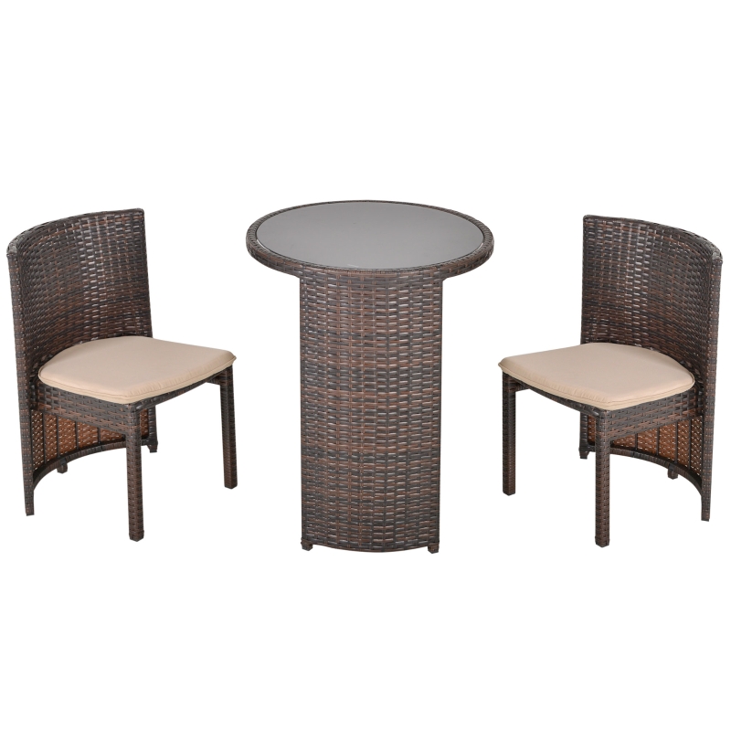 Outsunny Conjunto de Muebles Ratán de Jardín 3 Piezas con 1 Mesa de Café y 2 Sillas con Cojines para Terraza Exterior Fácil Almacenaje Acero Marrón