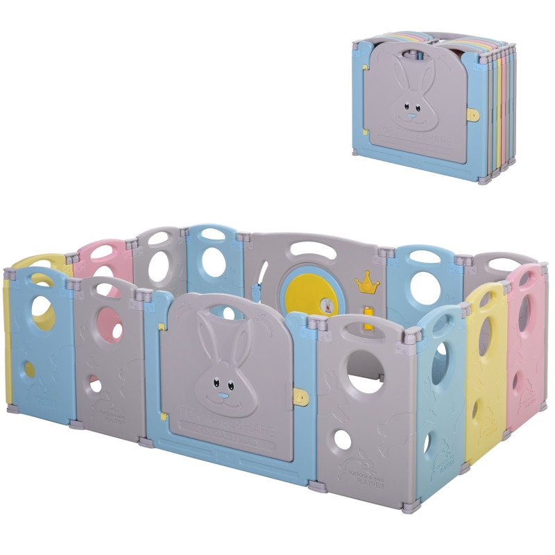 HOMCOM Parque Infantil Bebé de 14 Paneles Corralito Plegable con Puerta y juegos para Niños de +6 Meses Interior y Exterior 156x154x59 cm Multicolor