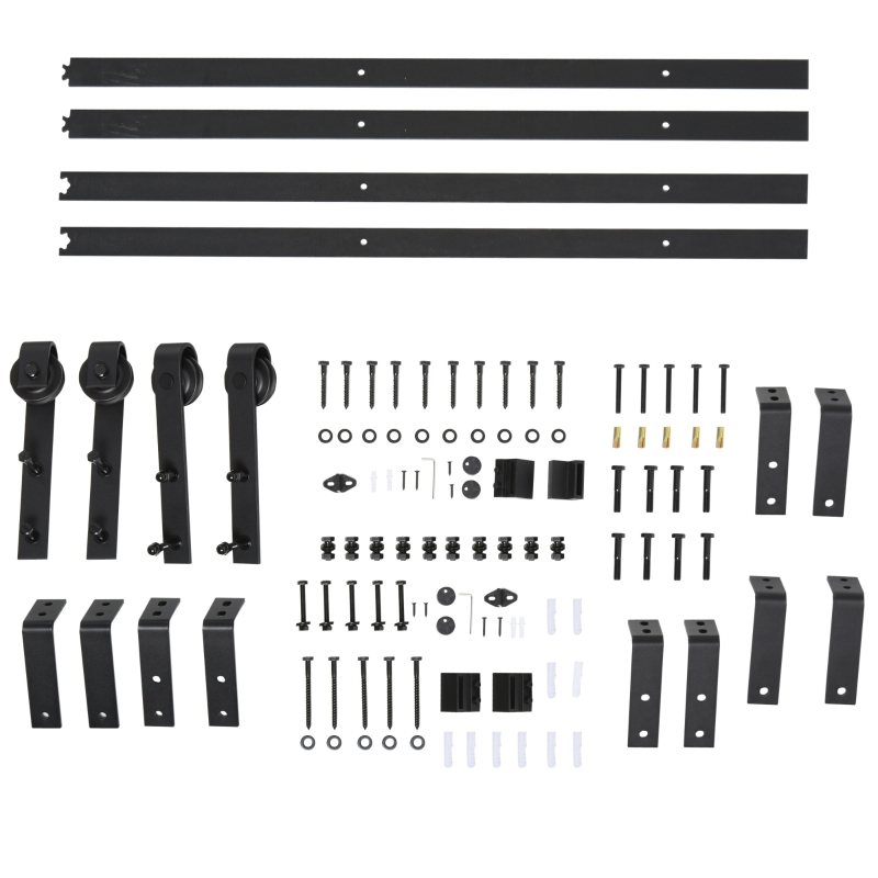 HOMCOM Kits de Accesorios para Doble Puerta Corredera de Granero Juego de Herrajes con Rodillo Rieles Tornillos Soporta 180 kg Longitud de 200cm Negro