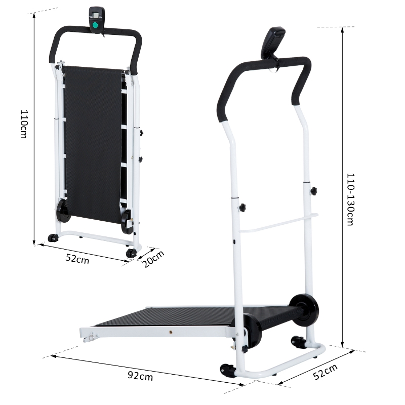 HomCom® Cinta de Andar Manual Caminadora Plegable Portátil Pantalla LCD 2 Niveles de Inclinación Carga 110kg Blanco