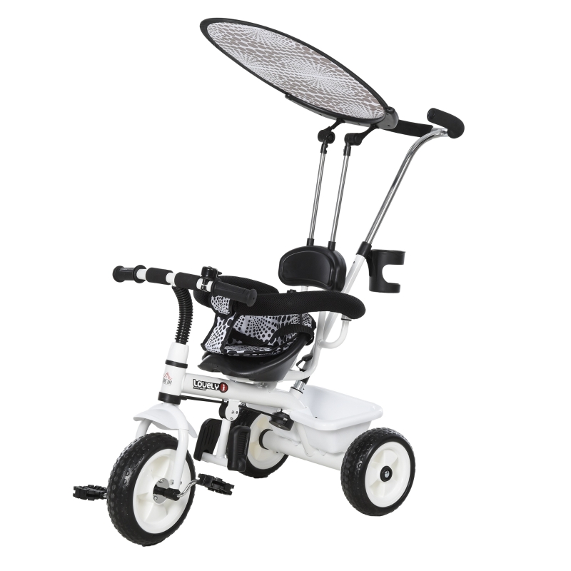 HOMCOM Triciclo para Niños con Capota extraíble y plegable Incluye barra telescópica para los padres Certificado EN71-1-2-3 Color Blanco 103x47x101cm