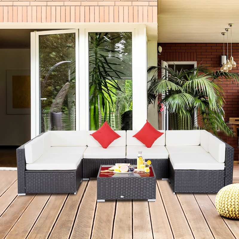 Outsunny Conjunto de Muebles para Jardín de Ratán 7 Piezas Set de Sofás y Mesita de Centro Color Marrón con Almohadas Blanco Crema y Cojines Decorativos Rojos para Patio Terraza